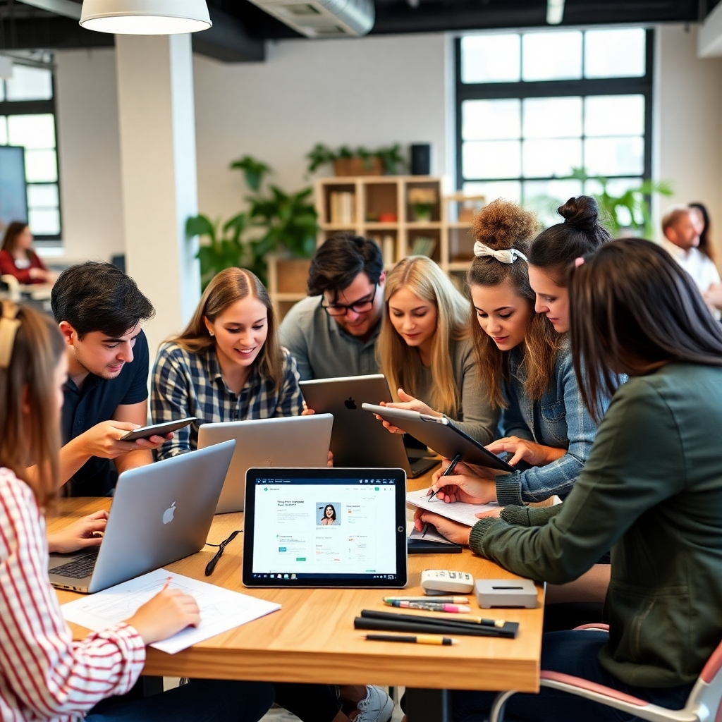 A diverse group of people (representing different skill levels) working together on a website project. Some are using laptops, others are using tablets, and some are sketching on paper. The environment is a collaborative workspace with a relaxed and supportive atmosphere.