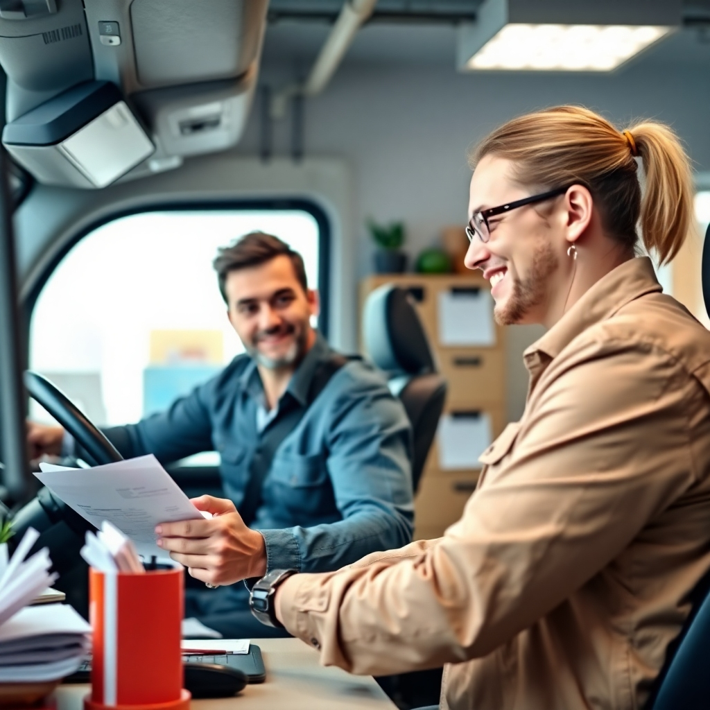 A driver confidently handling paperwork or interacting with an office clerk. The background is a clean and organized office environment. The lighting is professional and efficient, emphasizing the driver's competence and trustworthiness.