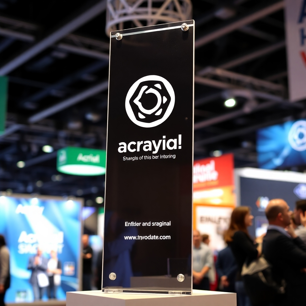 A dynamic image of an acrylic standee prominently displaying a brand logo and messaging at a trade show or event. The lighting is bright and attention-grabbing, making the standee stand out in the crowd. The background shows a bustling event environment. The style is promotional and engaging, emphasizing the use of standees for brand communication.