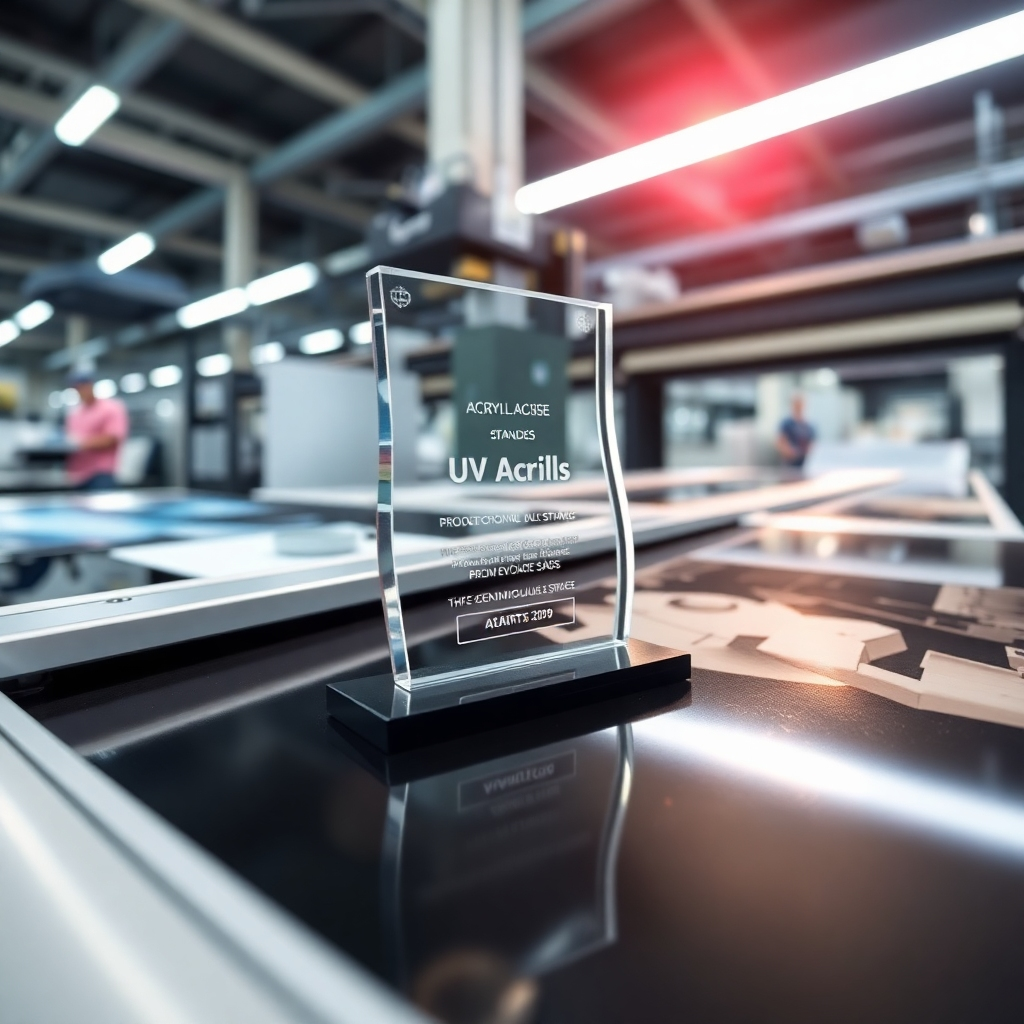 A dynamic image of an acrylic standee being printed with UV ink on a high-speed printing machine. The lighting is bright and focused, highlighting the speed and precision of the printing process. The background shows a blurred image of the production line. The style is industrial and efficient, emphasizing the company's quick turnaround time.