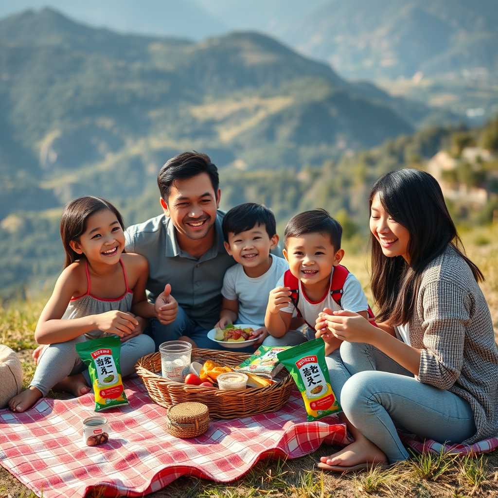 A family enjoying a picnic in a scenic location, with 'ปลาส้ม' and 'ปลาร้า' included in their meal. Emphasize the versatility and portability of the products. Use natural, outdoor lighting. 4K resolution.
