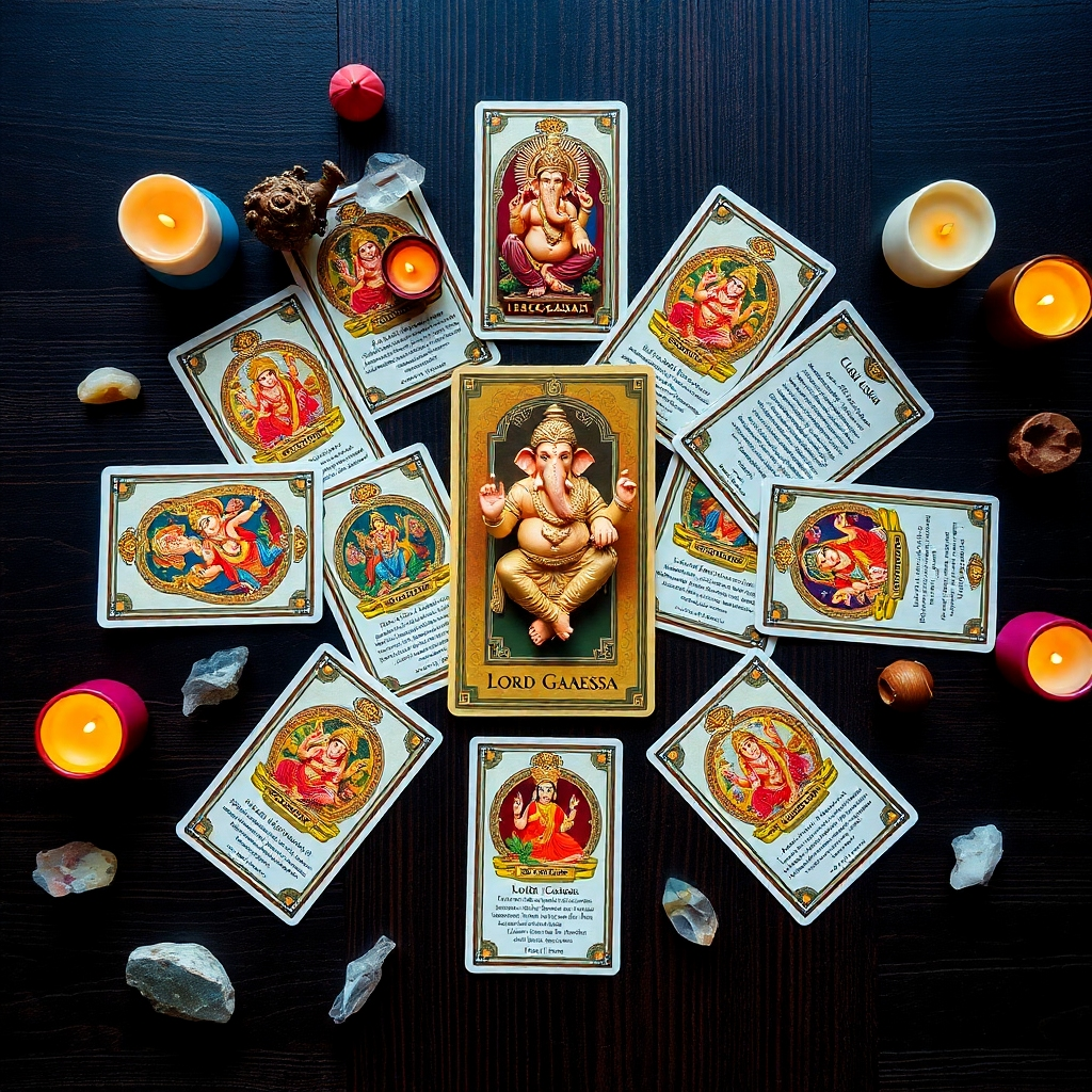 A flatlay showcasing a spread of Lord Ganesha oracle cards arranged in a visually appealing pattern. Each card should be richly detailed and vibrant, with a visible portion of the card's artwork and descriptions.  Surrounding the cards are related objects such as crystals, candles, incense, and perhaps a small statue of Lord Ganesha. The background is a dark, rich wood surface that contrasts with the bright colors of the cards, creating a luxurious and mystical setting. The overall mood should be one of serenity and spiritual insight.