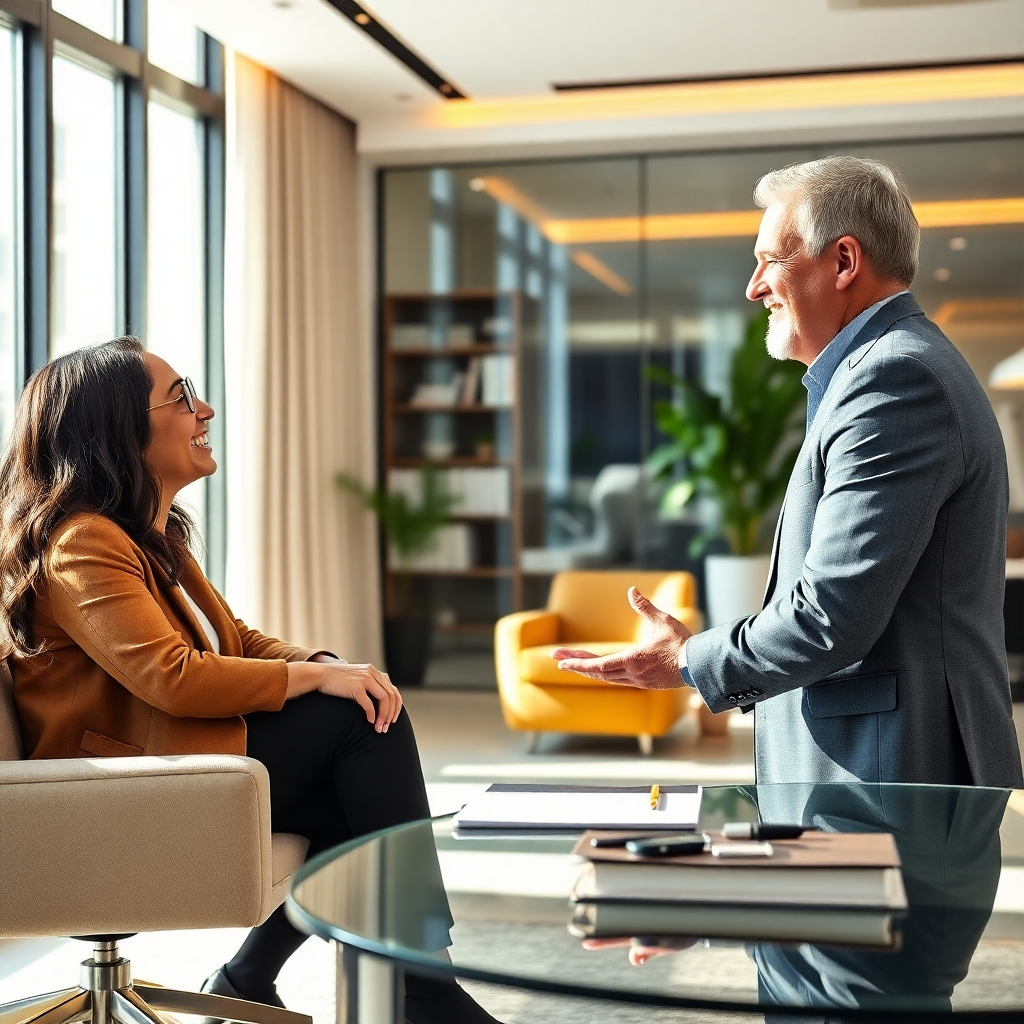A friendly, professional real estate consultant in a luxurious office setting, engaging in a constructive conversation with a satisfied client. The office environment is modern, clean, and filled with natural light, reflecting trust and expertise.
