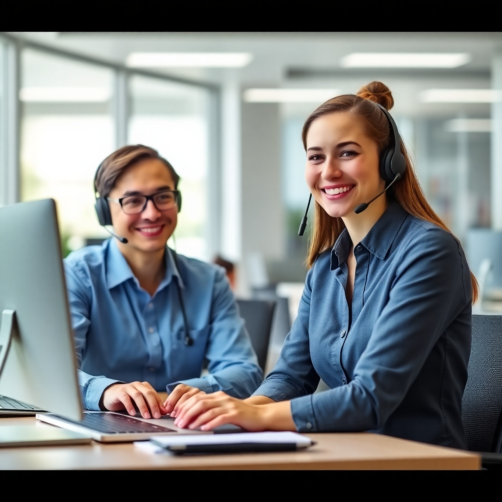 A friendly and approachable customer support representative assisting a user via a live chat interface. The background features a brightly lit office environment. The color palette incorporates blues and greens, conveying trustworthiness and expertise. The representative is smiling and helpful, and the user's expression is one of relief and satisfaction.