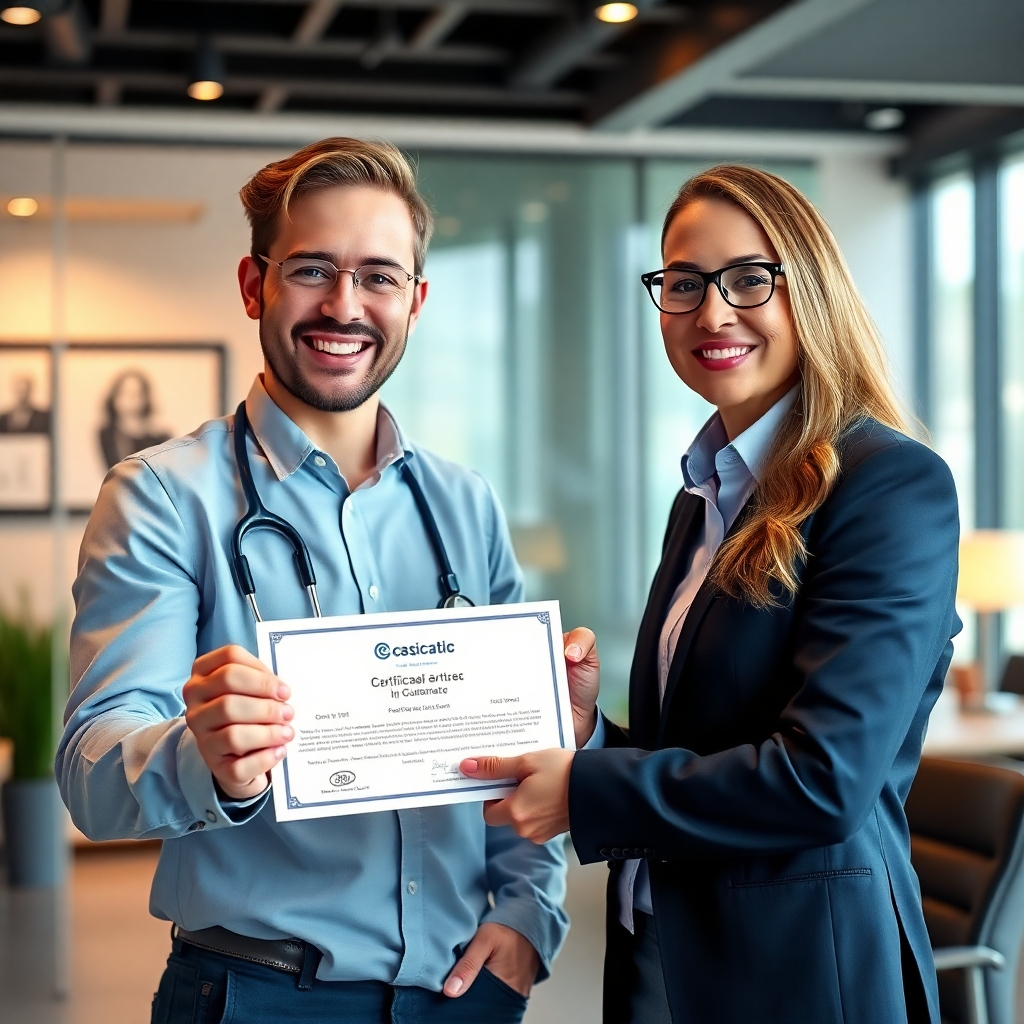A friendly, professional-looking representative from 9kla Acrylic is handing a satisfied customer a certificate of guarantee.  The background should be a clean, modern office setting. The image should convey a sense of trust, reliability, and excellent customer service.  The expression on both the representative and the customer's faces should reflect satisfaction and confidence.