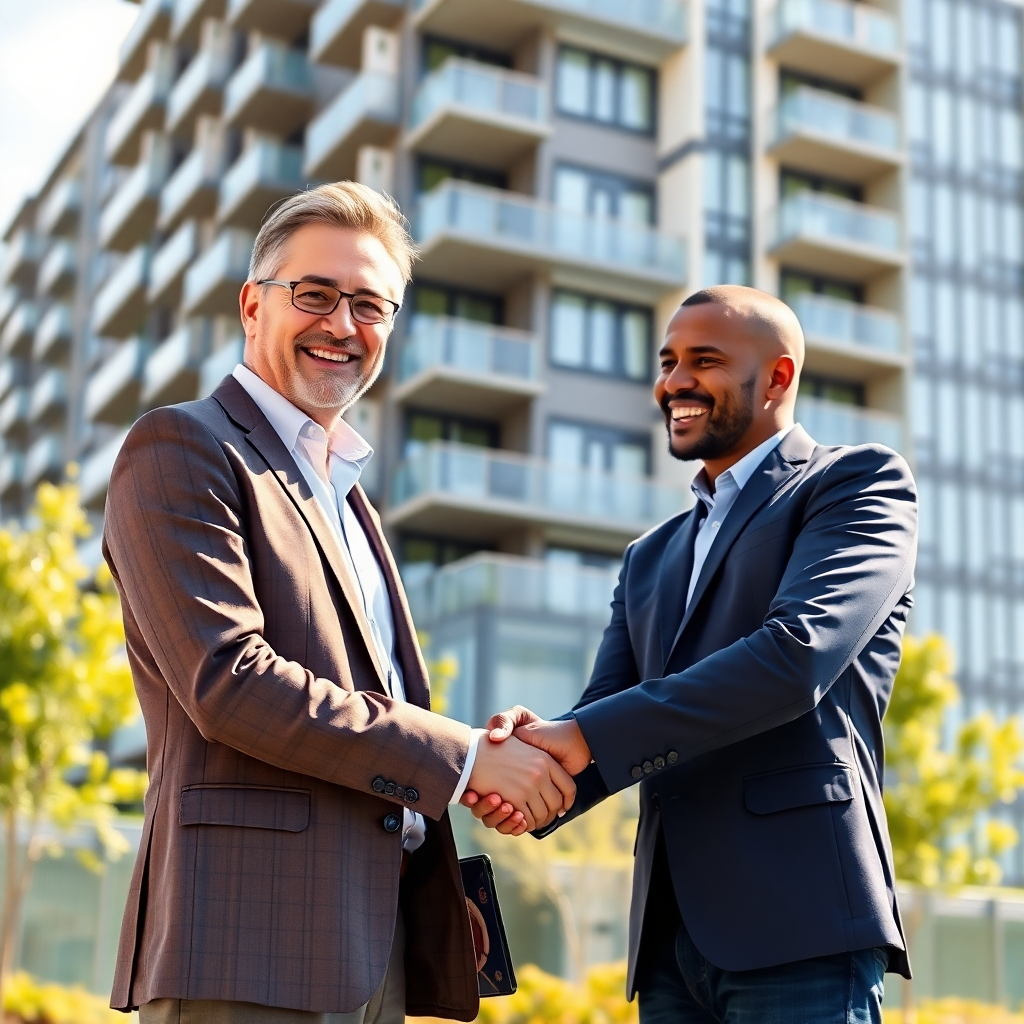 A friendly real estate agent smiling and shaking hands with a potential buyer in front of a modern condominium building.  The background should be bright and sunny, showcasing the building's attractive exterior. The image should convey a sense of trust and professionalism.