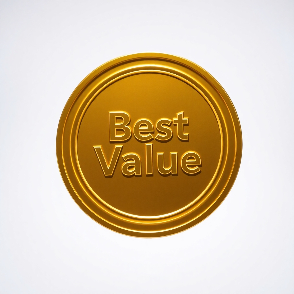A gold medal with the words "Best Value" engraved on it. The medal is surrounded by glowing light, emphasizing the quality and affordability of the service. The color palette is gold and white, conveying excellence and value for money.