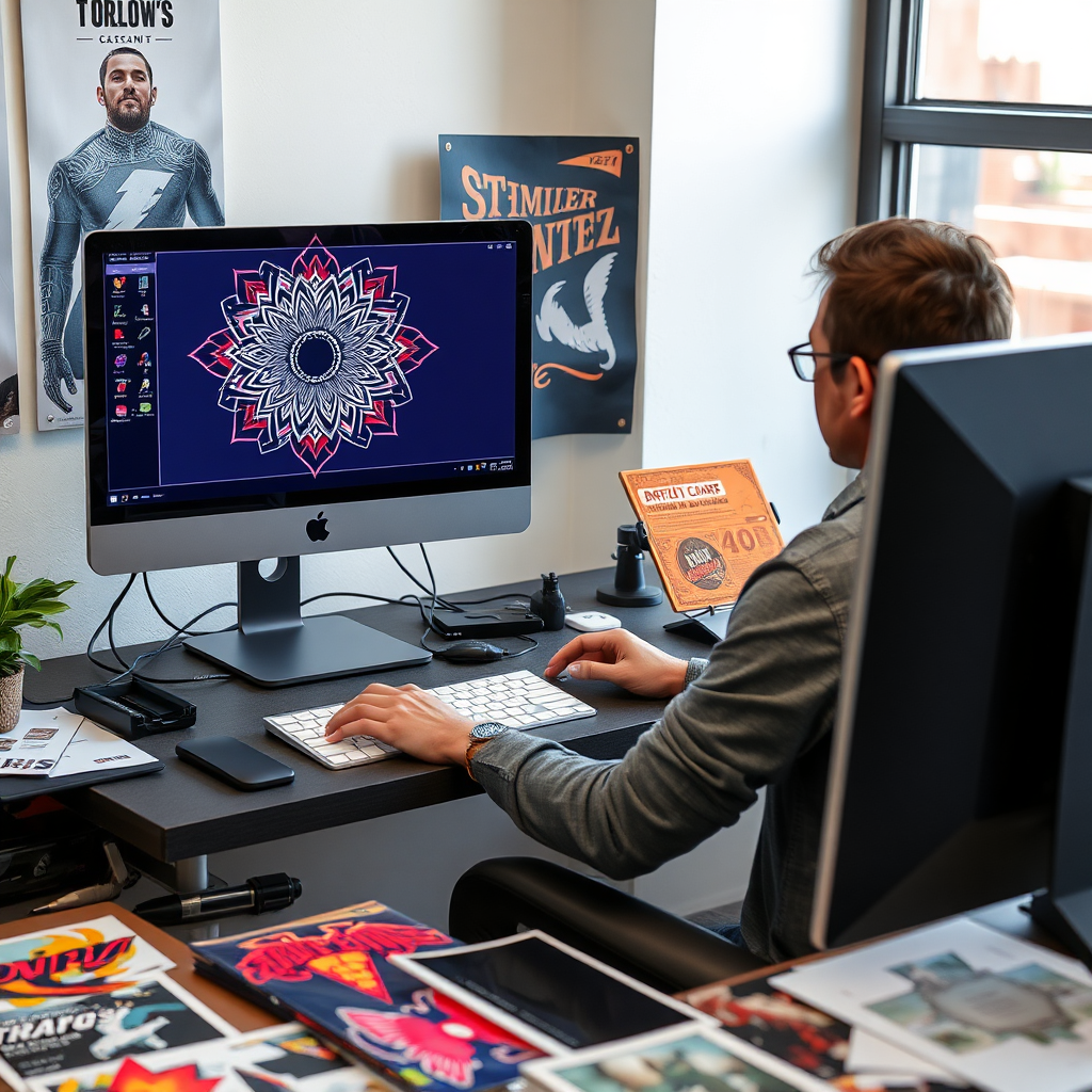 A graphic designer working on a computer, creating a custom design for UV printing on acrylic. The screen displays a complex, colorful design. The designer is focused and creative, and there are various design tools and samples scattered around the workspace. Style: Modern workplace photography.