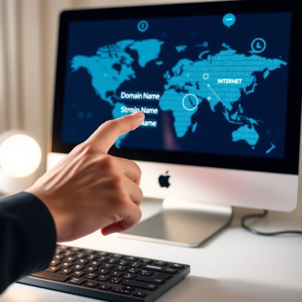 A hand selecting a domain name from a list of available options on a computer screen. The background shows a stylized representation of the internet, emphasizing the global reach of domain names. Use a photorealistic style with soft lighting.