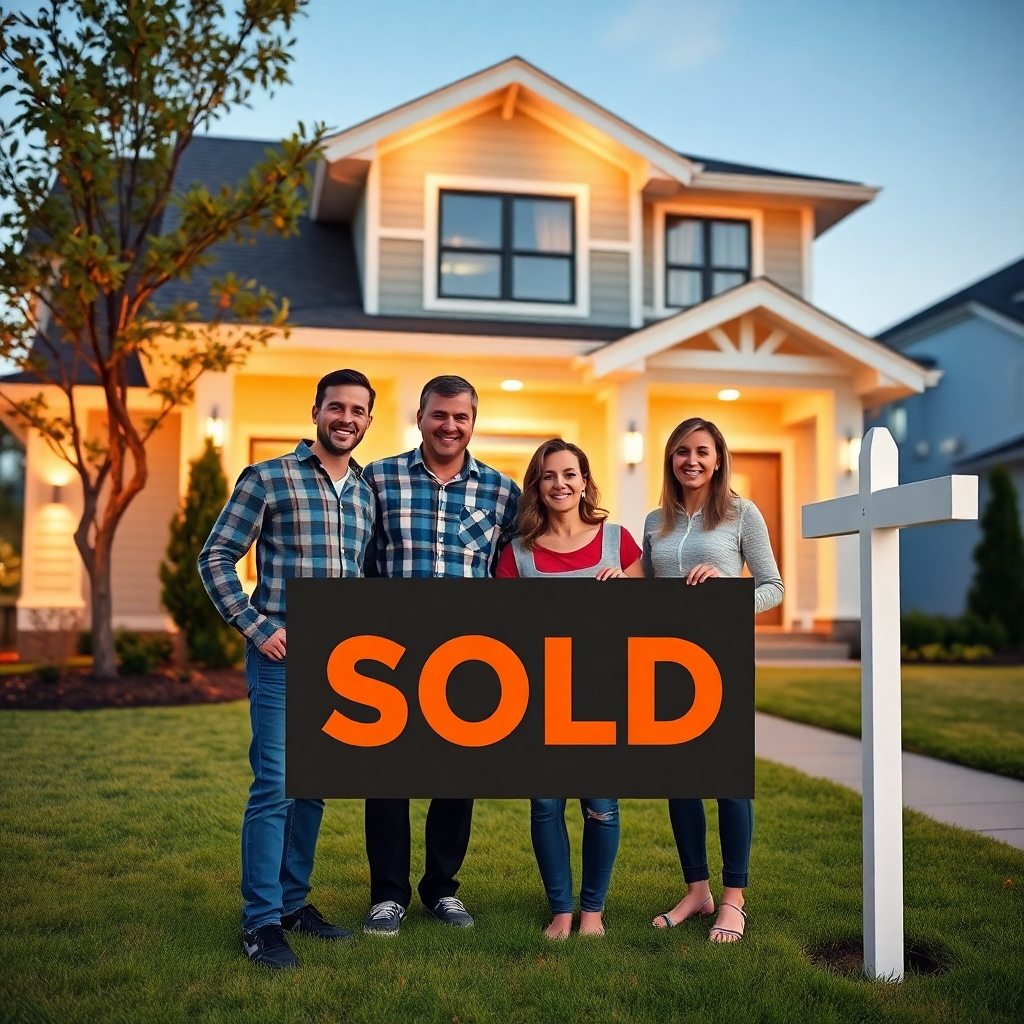A happy family standing in front of their house with a large 'SOLD' sign in the front yard. The house is a modern, beautiful home. The family is smiling and looks financially secure. The image should evoke a feeling of accomplishment and financial freedom.  Photorealistic style, bright lighting, high resolution