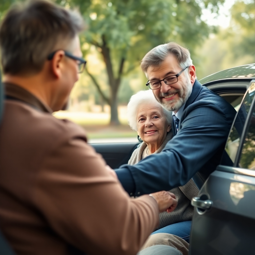 A heartwarming photorealistic image showing a kind driver assisting an elderly woman out of the car. The woman is smiling and appears comfortable and safe. The background is a park or a quiet residential area. Soft, natural lighting creates a sense of warmth and security. Camera angle is a medium shot, focusing on the interaction between the driver and the elderly woman.