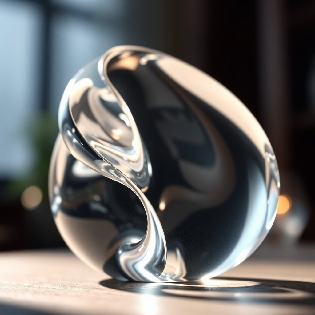 A high-angle, close-up shot of a beautifully crafted acrylic object, such as a sculpture or decorative piece.  The lighting should be dramatic and showcase the clarity and shine of the acrylic. The background should be blurred and out of focus to emphasize the acrylic object.  The image should have a high level of detail and realism to highlight its transparency and brilliance.