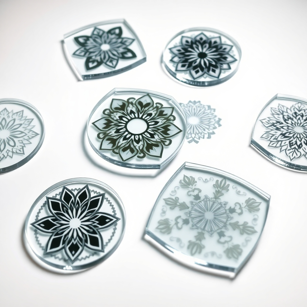 A high-angle, studio shot of various acrylic coasters with unique laser-etched designs. Each coaster should have a different, eye-catching pattern.  The coasters are displayed on a clean white background.  The image should emphasize the variety and creativity of the laser-etched designs. The lighting should be bright and even, showcasing the clarity and precision of the engravings.