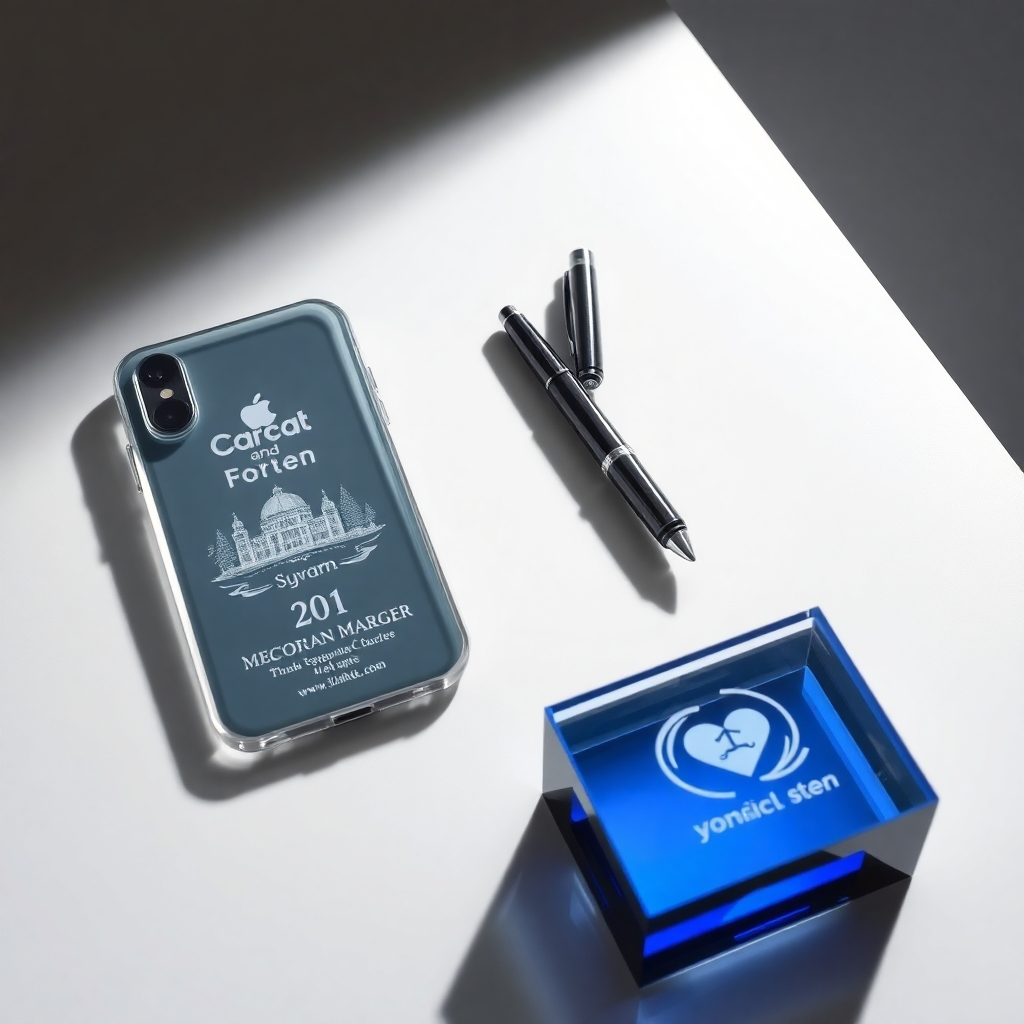 A high-angle, well-lit photo showing a collection of assorted acrylic gifts – a phone case, a pen, and a small decorative box – each uniquely laser-engraved with different personalized designs and logos.  The background should be a clean, minimalist surface, showcasing each item's unique engraving.