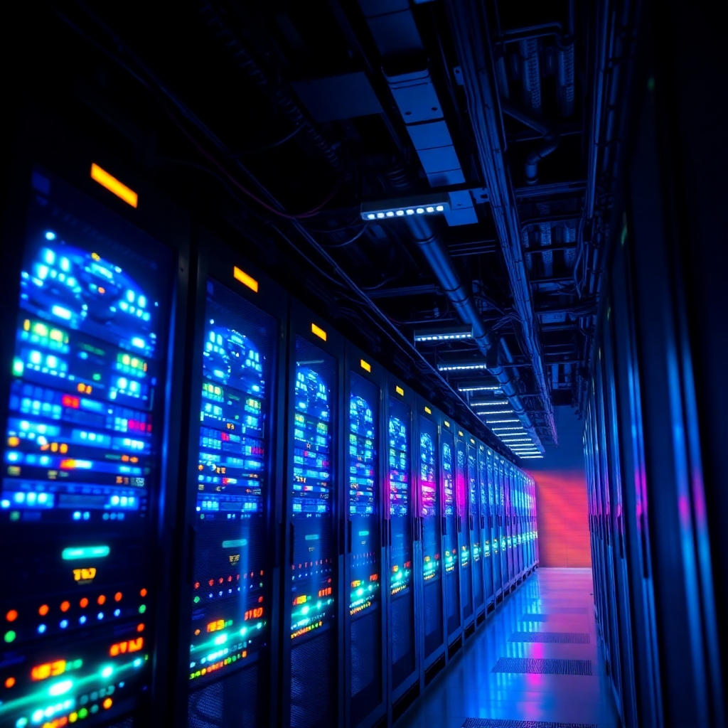 A high-performance server room filled with blinking lights and cooling systems. The lighting is dramatic, highlighting the power and reliability of the servers. The image should convey speed and efficiency.