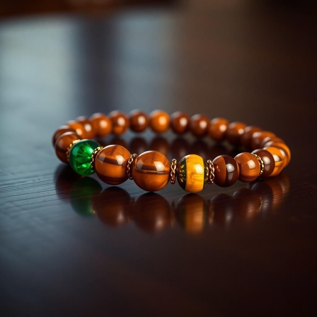 A high-quality, photorealistic image of a luxurious bracelet featuring golden tiger eye and emerald beads. The bracelet is meticulously crafted and rests on a polished dark wood surface with soft, warm lighting. High-resolution, shallow depth of field, emphasizing the gleam of the gemstones. The background should be subtly blurred.