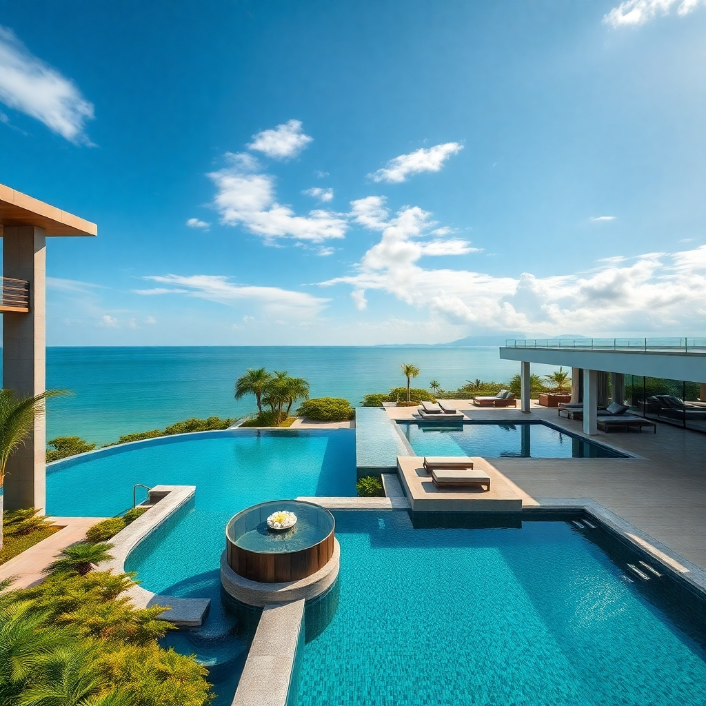 A high-resolution, photorealistic image showcasing a stunning collection of luxury villas and condos in Pattaya, Thailand.  The images should highlight the beautiful ocean views, infinity pools, modern architecture, and high-end amenities.  The lighting should be natural and inviting.  The image should convey luxury, exclusivity, and a high standard of living.