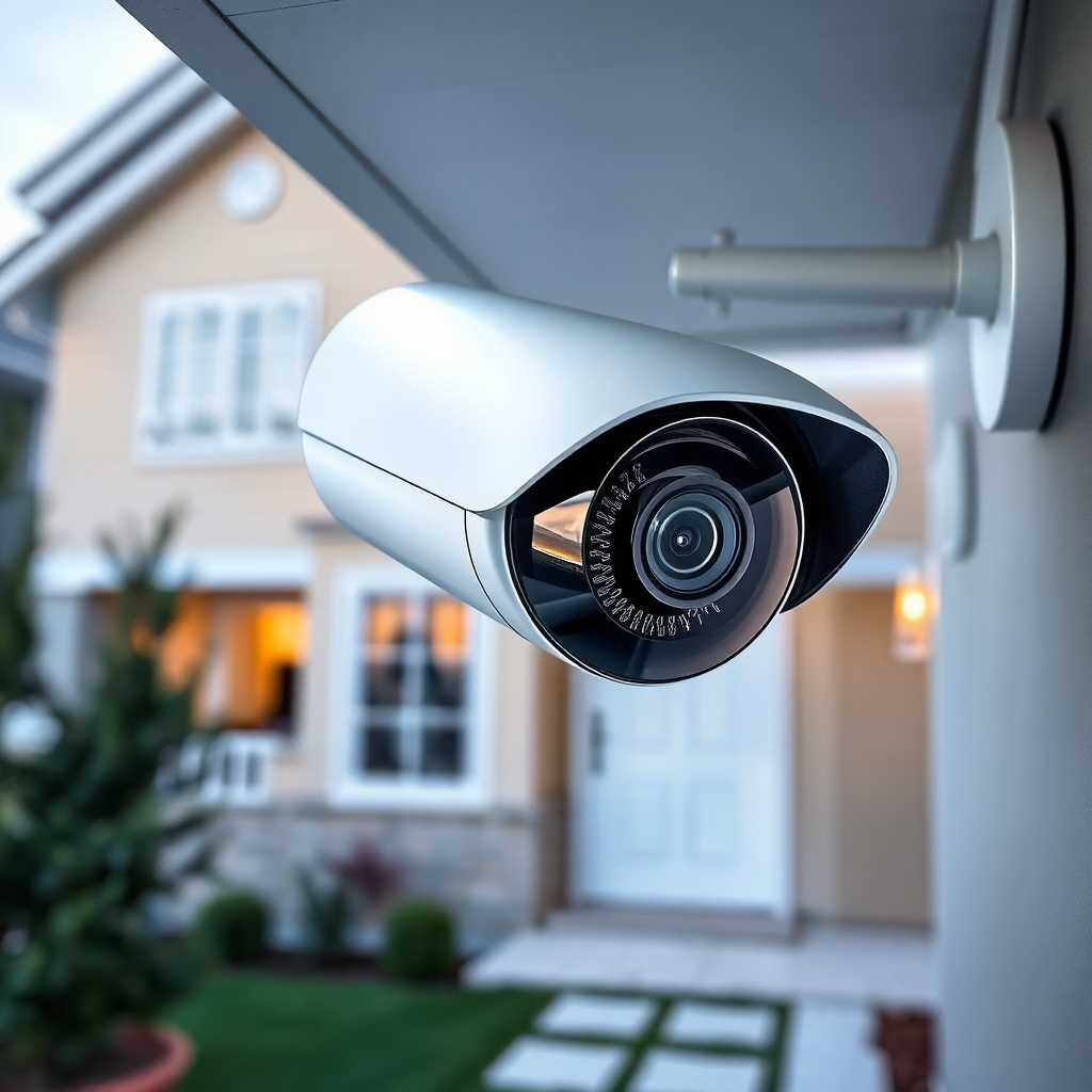 A high-resolution image featuring a modern security camera monitoring a property, with a focus on its clarity and wide-angle view. Emphasize the protective aspect.