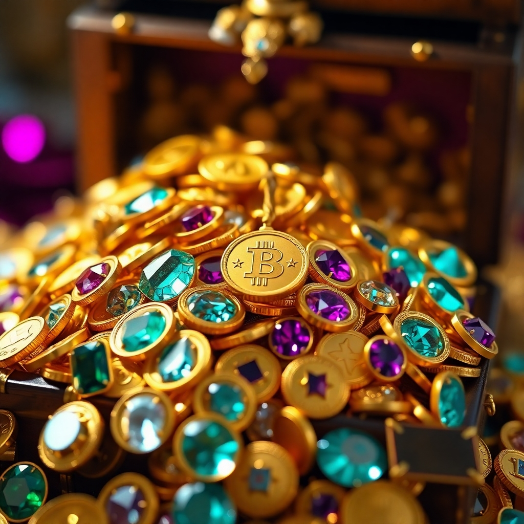 A high-resolution image featuring a pile of gold coins and precious gemstones overflowing from a treasure chest. The lighting is bright and shimmering, highlighting the value and beauty of the objects. The camera angle is close-up, capturing the intricate details of the coins and stones. The background is blurred, creating a sense of abundance and wealth. The style is luxurious and opulent, conveying a sense of prosperity and good fortune. 4k Resolution.