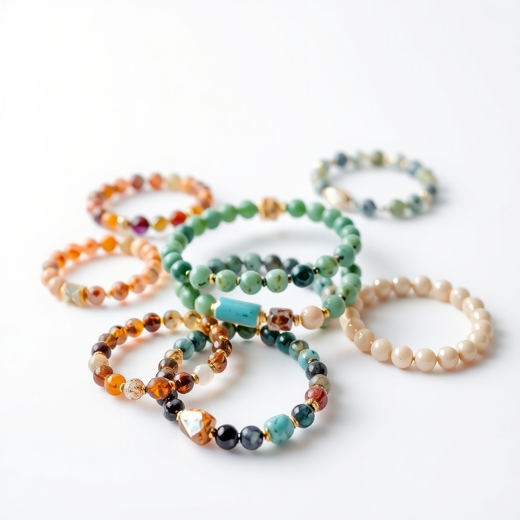A high-resolution image featuring a variety of gemstone bracelets displayed on a smooth, reflective surface. The bracelets are arranged in a visually appealing manner, showcasing their different colors, textures, and patterns. The lighting is bright and even, highlighting the natural beauty of the stones. The camera angle is slightly above, providing a clear view of the bracelets. The background is a minimalist white, creating a clean and modern aesthetic. The style is clean and contemporary, with a focus on showcasing the beauty and craftsmanship of the bracelets. 4k Resolution.