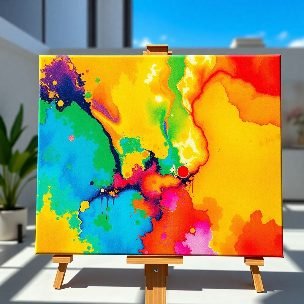 A high-resolution image showcasing a digital art print on canvas, specifically emphasizing the vibrancy and longevity of the colors.  The scene should depict the print displayed in direct sunlight or under bright indoor lighting to highlight color saturation and resistance to fading. Show a variety of colors to showcase how well they hold up over time. The background should be slightly blurred, focusing attention on the canvas and its colors.