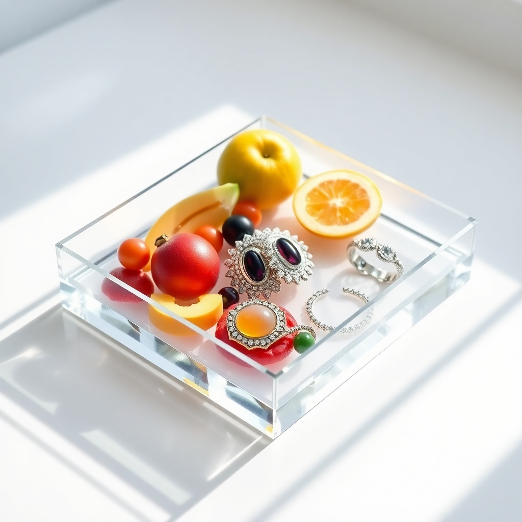 A high-resolution, photorealistic image of a clear acrylic tray, showcasing its transparency and durability. The tray should be filled with various objects, such as colorful fruits or elegant jewelry, to highlight its versatility. The background should be a clean, white surface, with soft, natural lighting.
