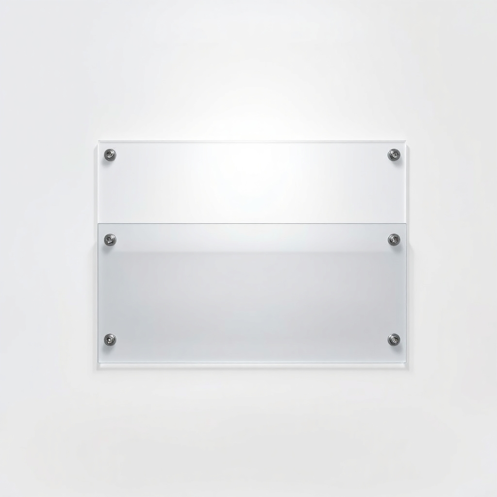 A high-resolution, photorealistic close-up shot of a sleek, modern acrylic document holder mounted on a white wall. The document holder should be empty but clean, showcasing its transparent design and the subtle gap between the two acrylic sheets. The lighting should be soft and natural, highlighting the clarity and quality of the acrylic. The background should be a clean, neutral color, allowing the document holder to be the clear focus.