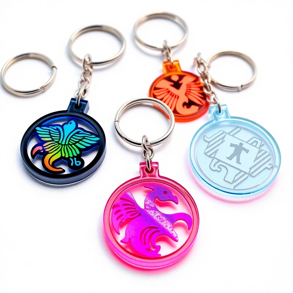 A high-resolution photorealistic image showcasing a series of unique acrylic keychains. Each keychain should feature a combination of vibrant UV printing and intricate laser-cut designs. The image should highlight the synergy of both techniques, showcasing the creativity and precision involved. The background should be clean, and the lighting should highlight the keychains' texture and color variations.