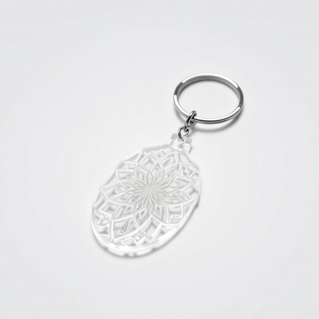A high-resolution photorealistic image of a intricately laser-cut acrylic keychain.  The image should showcase the precision and clean lines of the laser cut. The keychain should have a complex design with fine details. The background should be a clean, neutral color to highlight the keychain's intricate details. The lighting should be even and highlight the textures and details of the cut.