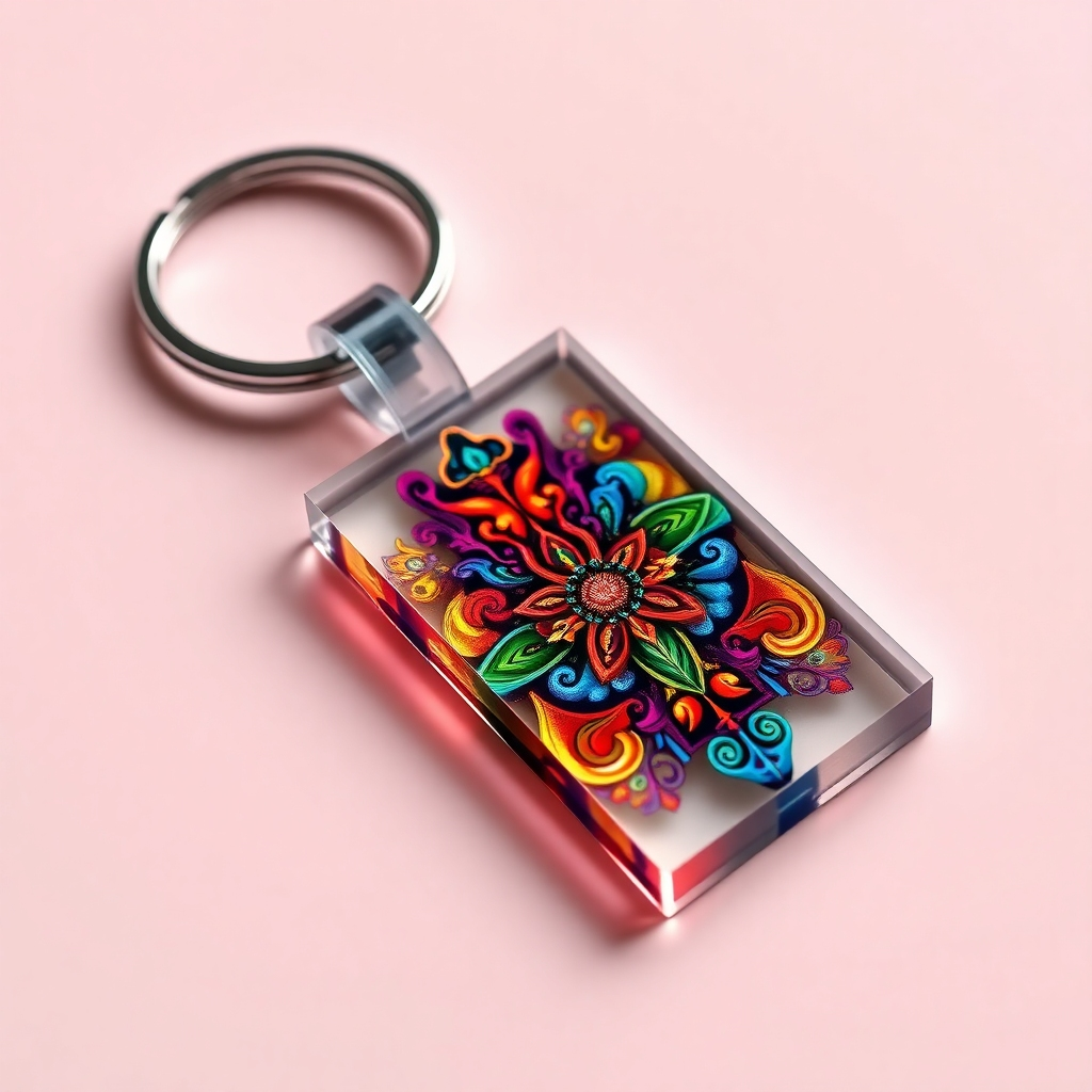 A high-resolution photorealistic image of an acrylic keychain featuring a complex and colorful design printed using UV printing. The colors should be vibrant and saturated, with fine details clearly visible. The background should be a soft, neutral color to emphasize the keychain's design.  Showcase the glossy finish of the UV printing.