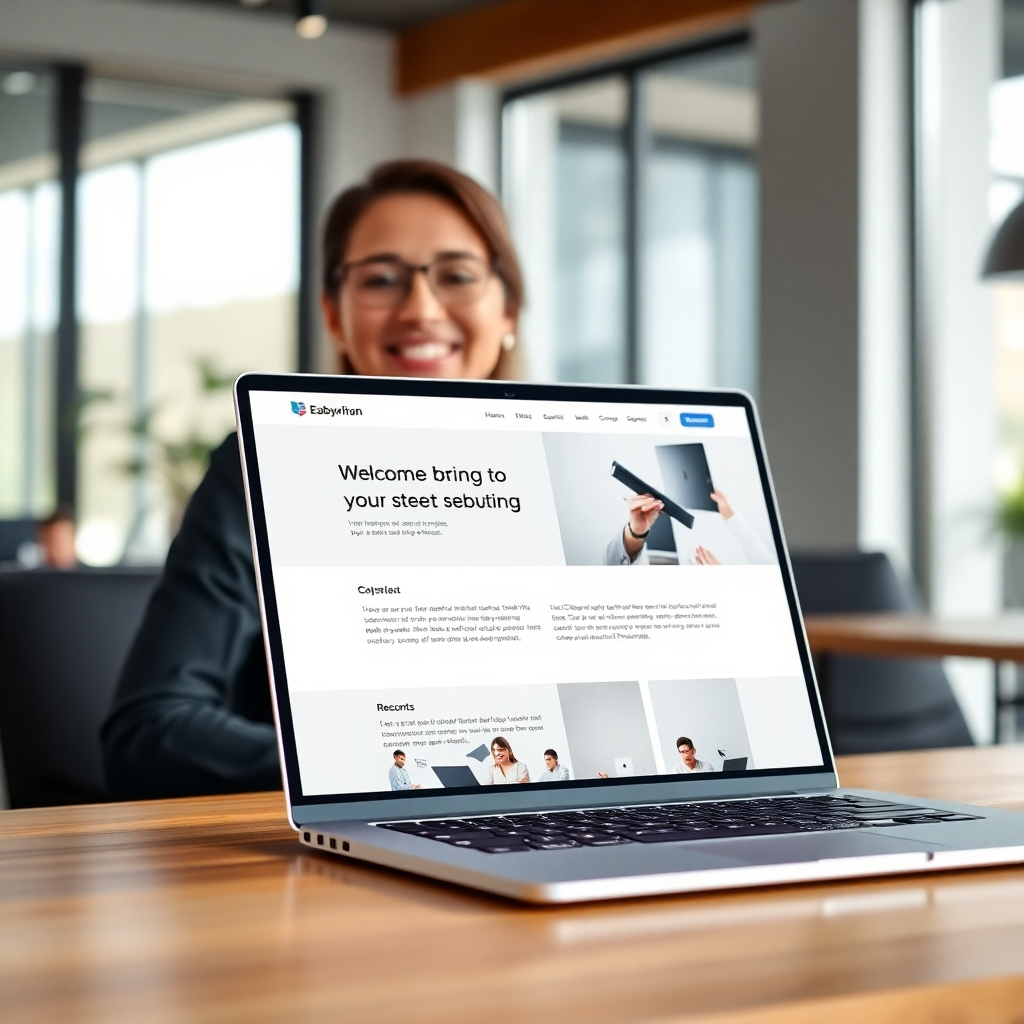 A high-resolution photorealistic image of a clean, modern, and professional-looking website on a laptop screen. The website should feature high-quality images and text. There should be subtle graphical elements that suggest the website is well-designed. In the background, a person is smiling while sitting in a modern office with natural light.