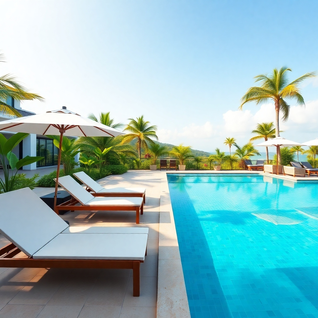 A hyperrealistic 8K image showcasing a beautifully maintained condo in Pattaya, showcasing a vibrant poolside area with clear turquoise water and luxurious sun loungers. Soft, natural light bathes the scene, emphasizing the tropical landscape. The color palette features bright, tropical hues with the blues and greens of the pool and surroundings as the main focus. The camera angle is from a slightly elevated position, showcasing the expansive view. Texture and material details are highly important; show the fine texture of the tiles, the smooth surfaces of the lounge chairs, and the lush greenery of the tropical plants. Environmental elements include a picturesque tropical setting, with clear skies and a luxurious atmosphere.  Props include sun loungers, umbrellas, and poolside furniture.  The overall mood is calm, luxurious, and inviting. Style reference: Similar to luxury travel and lifestyle photography. The image should be highly detailed and evocative of a relaxed, luxurious tropical atmosphere.