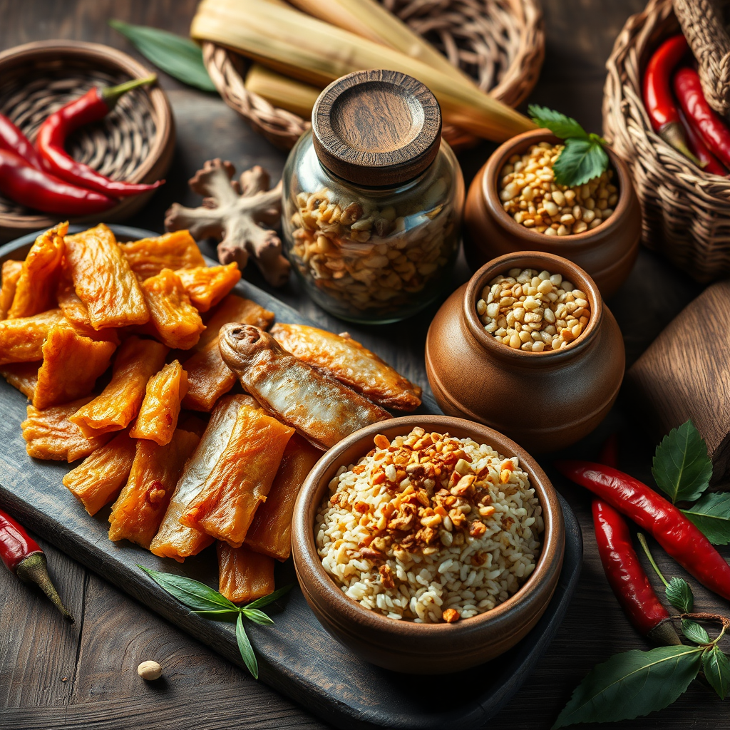 A hyperrealistic, 8K resolution close-up photograph capturing the vibrant colors and textures of 'ปลาส้ม' and 'ปลาร้า'. The composition should feature an artful arrangement of various products: golden-brown 'ปลาส้มฟัก', crispy 'นักเก็ตปลาส้ม', and earthenware jars containing 'ปลาร้า'. Focus on the interplay of light and shadow to highlight the natural textures of the fermented fish, grains of rice, and herbs. The backdrop should be a rustic wooden table, suggesting a traditional Thai kitchen setting. Include props like woven baskets, banana leaves, and fresh chilies to enhance the authenticity. The color palette should be warm and inviting, dominated by earthy tones with pops of red and green from the spices. The camera angle should be slightly overhead to showcase the diversity of the products. Style reference: authentic Thai culinary photography, emphasizing natural ingredients and traditional preparation methods.