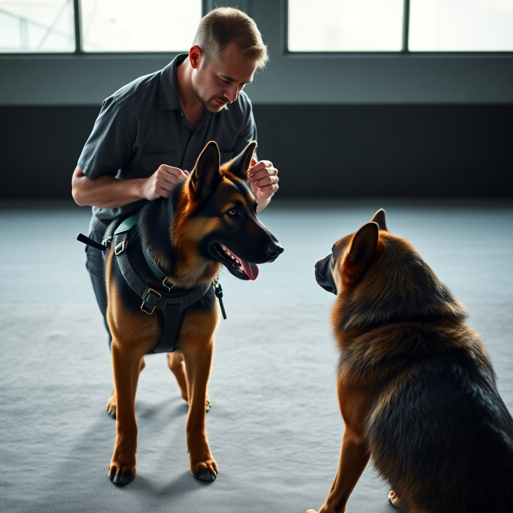 A hyperrealistic, ultra-detailed 8K image showcasing a dog trainer working with a slightly aggressive-looking German Shepherd in a controlled indoor environment. Dramatic side lighting to highlight the intensity of the interaction.  Cool color palette with muted tones to represent a serious, focused atmosphere. The trainer utilizes positive reinforcement techniques, maintaining eye contact and calm body language. The scene includes specialized training equipment (e.g., a target stick, a harness) and a neutral-colored training mat. Camera angle from a slightly elevated position to capture the full interaction.  Texture details of the dog's fur, trainer's hands, and training equipment are meticulously rendered.  Style reference: National Geographic wildlife photography.  The mood is serious yet hopeful, emphasizing the trainer's expertise and the possibility of positive change.  Emphasis on capturing authentic emotions and nuanced body language.