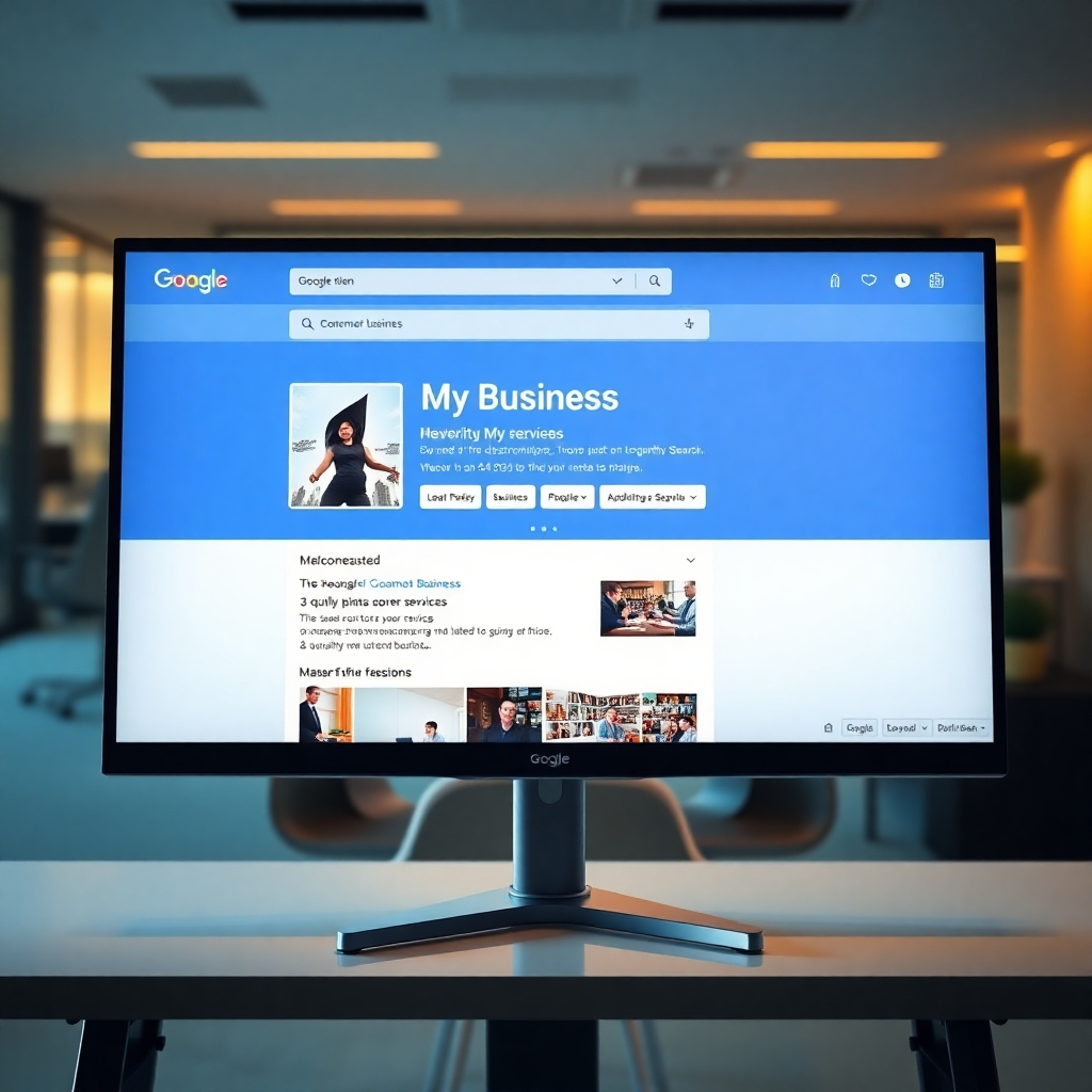 A hyperrealistic, ultra-detailed image showcasing a Google My Business search result page on a large, high-resolution monitor.  The image should prominently feature a business listing with a high number of positive reviews, a detailed description optimized with relevant keywords, high-quality photos showcasing the business's services and atmosphere, and clear, prominent call-to-action buttons. Soft, warm lighting illuminates the screen, creating a welcoming and professional ambiance.  The color palette is clean and vibrant. The camera angle is a slightly elevated frontal view, providing a clear and comprehensive perspective of the search results page. The background includes a blurred but recognizable professional office setting suggesting productivity and competence. Textures should accurately depict the sleekness of the monitor and the slight glare on the screen. The overall mood is one of confidence and success. The image should be styled in the manner of a modern, clean technology advertising campaign.  The lighting should reflect the quality and precision of the service provided.
