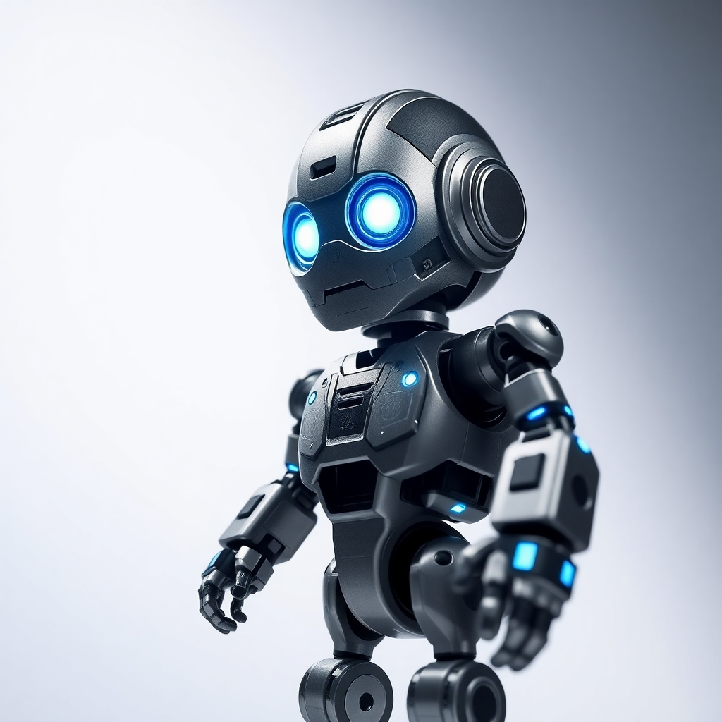 A hyperrealistic, ultra-detailed image depicting a close-up view of a custom-designed 3D-printed toy robot. The robot is approximately 8 inches tall and features intricate details, including glowing LED eyes, articulated joints, and a metallic texture achieved through the use of PLA filament. The background is a clean, minimalist white backdrop that accentuates the robot's design. The lighting is dramatic, highlighting the metallic textures and creating sharp shadows. The color palette is a combination of sleek grays, blacks, and accents of bright blue LED light. The camera angle is slightly elevated, looking down upon the robot.  The style is influenced by the industrial design of classic sci-fi robots. The image should appear smooth and polished, showcasing the high-quality craftsmanship of the 3D printing process. The overall mood is sophisticated and futuristic. The image is rendered in 8K resolution to capture every detail of the model's intricate textures and craftsmanship.