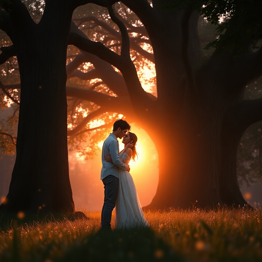 A hyperrealistic concept art piece for a music video set in a dreamy, romantic forest at twilight.  The scene shows a young couple embracing under an ancient oak tree, bathed in the soft, warm glow of the setting sun. The lighting is a combination of soft diffused light from the sunset and subtle ambient lighting from fireflies in the background.  The color palette consists of warm oranges, deep reds, and soft purples, creating a romantic and magical atmosphere. The camera angle is a low-angle shot, emphasizing the height and grandeur of the trees and the couple's intimate moment.  The textures should showcase the rough bark of the ancient oak, the soft grass underfoot, and the delicate fabric of the couple's clothing. The environment is filled with details like blooming flowers, shimmering leaves, and a soft mist hanging in the air. The style is inspired by the romantic paintings of Caspar David Friedrich and the cinematic quality of Hayao Miyazaki's films. The image resolution is 8K, with ultra-detailed rendering of the characters, their expressions, and the intricate details of the forest setting. The overall style should be dreamy, romantic, and magical.