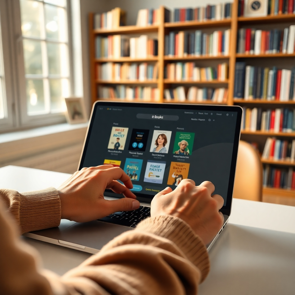 A hyperrealistic image, 8K resolution, showcasing a person effortlessly uploading e-books onto a website interface. The scene is brightly lit, with soft, natural lighting streaming in from a large window to the left.  The color palette is warm and inviting, with earth tones and accents of bright, cheerful colors representing the e-book covers.  The perspective is over the shoulder, focusing on the user's hands interacting with a clean, intuitive website interface showing progress bars and confirmation messages. The laptop sits on a clean white desk, and the background includes subtly blurred bookshelves, implying a library-like setting. The textures are ultra-detailed, showing the fine details of the laptop's keys, the user's hands, and the fabric of their clothing. The style is clean and modern, emphasizing efficiency and ease of use. The image should evoke feelings of organization, efficiency, and satisfaction. The scene should convey a sense of accomplishment and stress-free workflow. This should be in the style of a successful tech startup product advertisement, showing a user-centric and simple interface.