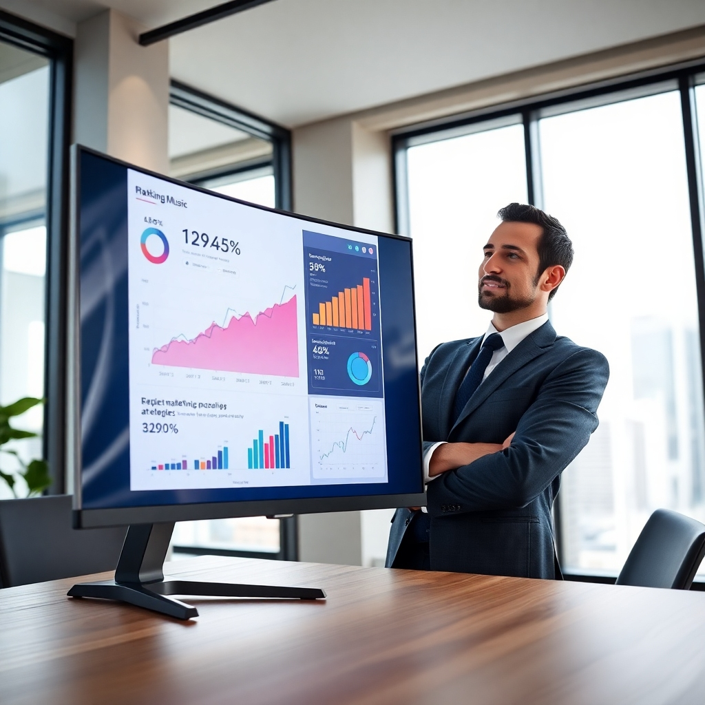A hyperrealistic image (8K resolution) showing a confident business professional, mid-30s, reviewing data analytics on a large curved monitor showcasing the successful marketing campaign of AI-generated music. The scene is set in a modern, minimalist office with large windows allowing natural light to flood the space. The lighting is soft and diffused, creating a calm and professional atmosphere. The color palette is sleek and sophisticated, dominated by neutral tones with pops of vibrant color accents from the charts and graphs on the screen. The camera angle is slightly low, looking up at the professional, emphasizing their authority and success.  The monitor displays detailed graphs and charts illustrating impressive growth in streams and downloads.  The texture of the glass screen, the smooth wood of the desk and the professional's business attire are hyper-detailed. The background features subtly blurred city views through the large windows. The overall mood is one of success, innovation and sophistication, in the style of a high-end corporate stock photo. The image should feel aspirational and inspire viewers to achieve similar success.