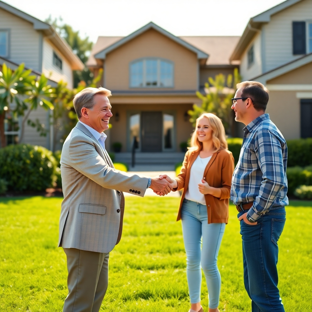 A hyperrealistic image, 8K resolution, portraying a friendly and professional real estate agent shaking hands with a happy couple in front of a beautiful, spacious house. The setting is a sunny suburban street, with lush green lawns and neatly trimmed bushes.  The lighting is natural and bright, with soft shadows. The color palette is warm and inviting, with natural earth tones and greens.  The camera angle is slightly low, making the agent and couple appear taller and more prominent. The focus should be on the genuine connection and positive emotions between the agent and the clients.  The agent is dressed in professional yet approachable attire. The house is a modern, stylish home with impeccable landscaping.  Textures should be meticulously detailed: the smooth surface of the house's siding, the vibrant green of the grass, the texture of the couple's clothing. The background features more houses of similar style but less prominent to keep the focus on the interaction. The style should evoke a feeling of trust, security, and success. The overall mood is warm, friendly and optimistic, evoking feelings of comfort and security.  The image should be in the style of a classic American advertising photograph, emphasizing honest human connection.  