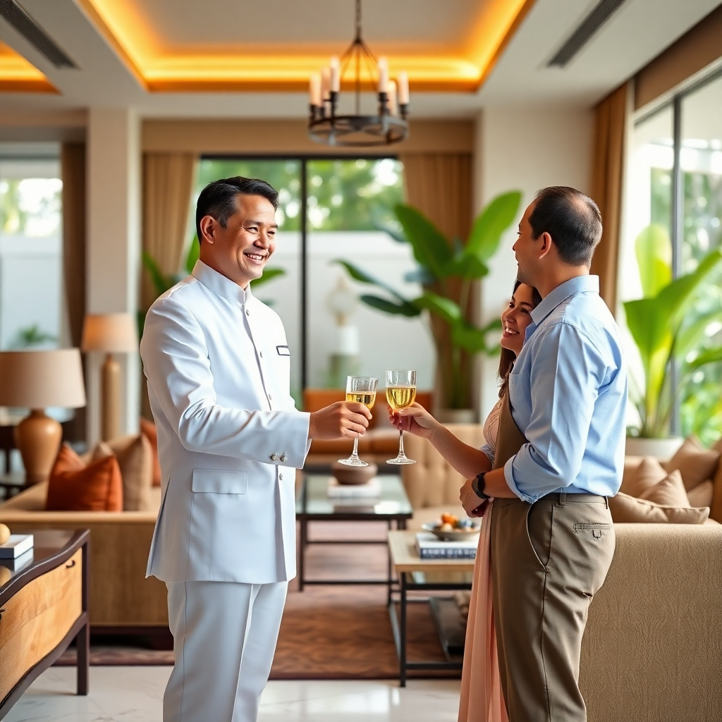 A hyperrealistic image, 8K resolution, depicting a smiling concierge in a crisp, white uniform, handing a welcome drink to a happy couple in a luxurious Pool Villa in Pattaya. The setting is the villa’s spacious, elegantly furnished living area, bathed in soft, diffused natural light. The color palette is warm and inviting, with rich, earthy tones in the furnishings and vibrant greens of the tropical plants visible through large windows. The scene is captured from a medium shot, focusing on the interaction between the concierge and the guests. High-end furniture, luxurious fabrics, and meticulously arranged decor contribute to the opulent ambiance. The texture of the fabrics, the gleam of the glassware, and the subtle sheen of the marble floors are meticulously detailed. The style should be inspired by the work of renowned lifestyle photographers, emphasizing genuine human connection and luxury. The overall mood is one of sophisticated hospitality and personalized service.  The image should convey warmth, professionalism, and a seamless guest experience.