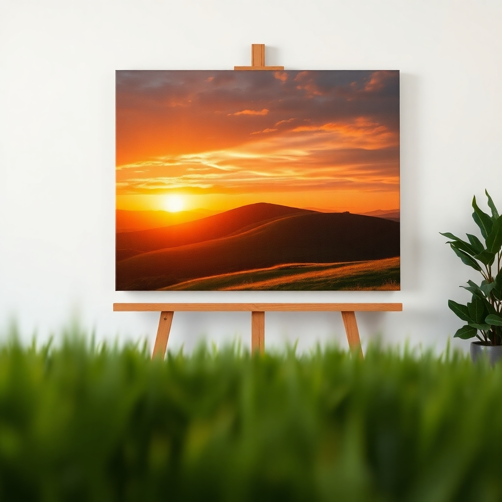 A hyperrealistic image, 8K resolution, depicting a large-format canvas print showcasing a landscape photograph. The photograph should feature a dramatic sunset over a rolling hill with a lush green field in the foreground.  The lighting is a warm golden hour sunset with long shadows.  The canvas texture is visible, slightly textured with visible brush strokes. The colors are rich and saturated, showcasing realistic tones and details in the sunset and landscape. The camera angle is slightly low, providing a wide perspective of the scene. The canvas is mounted on a simple wooden frame. The overall mood is serene, peaceful and dramatic. The image should capture the essence of a high-end, gallery-quality fine art print. The style should resemble a classic landscape photograph by Ansel Adams.  The image should be incredibly detailed, emphasizing the fine textures of both the canvas and the landscape photograph printed on it, including subtle details in the clouds, the grass, and the texture of the canvas. The background is a simple white studio wall with subtle lighting to avoid distractions
