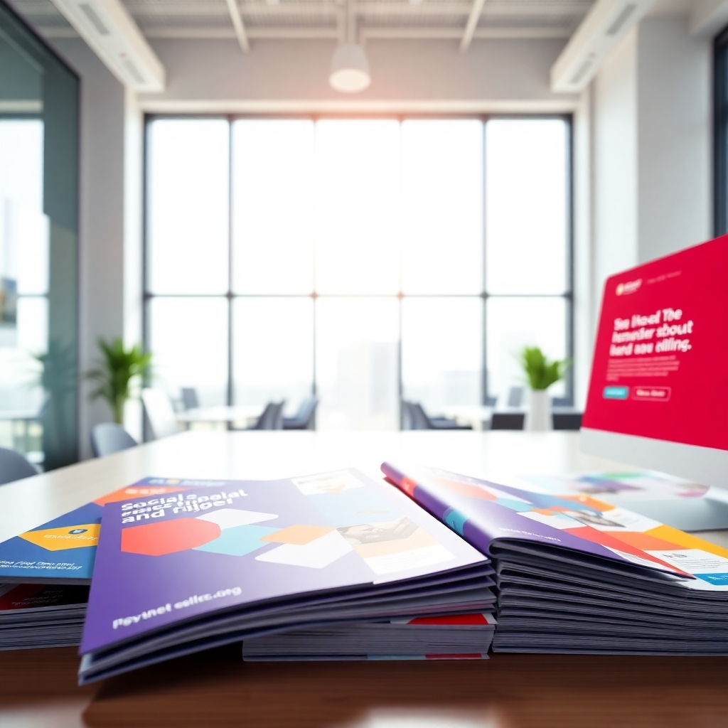 A hyperrealistic image depicting a modern office environment.  The scene is brightly lit with soft, natural light streaming from a large window, creating a clean, professional atmosphere. The focal point is a series of marketing materials—brochures, social media graphics, and a website mockup—displaying a cohesive and visually appealing brand identity.  The color palette is vibrant and energetic yet professional, featuring primary colors with complementary accents.  The materials exhibit high-quality printing, with textures like matte paper and subtle embossing visible. The camera angle is slightly elevated, offering a comprehensive view of the materials. The style should evoke a sense of innovation and efficiency. The image should be in 8k resolution, showcasing extreme detail, including the texture of the paper, the glossiness of the screen mockups, and the sharpness of the graphics. The environment should feel upscale and modern, suggesting high-end design and production quality.  Detailed textures and realistic lighting are essential for creating a high-end, believable environment.