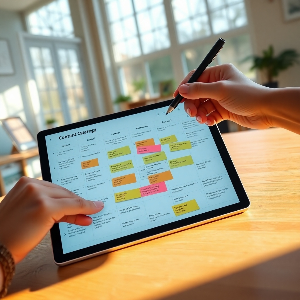 A hyperrealistic image, rendered in 8K resolution, showing a hand holding a stylus hovering over a large tablet displaying a detailed content calendar and SEO keyword strategy. The scene is set in a bright, airy home office with large windows letting in soft, natural light. The color palette is warm and inviting, with muted earth tones and pops of bright color from sticky notes and highlighted text on the tablet screen. The tablet's screen displays a meticulously planned content calendar, integrating keywords strategically, with different content types (articles, infographics, videos) visualized in a visually appealing and easy-to-understand manner. The overall mood is productive and optimistic.  The camera perspective is a close-up, emphasizing the detail of the tablet screen and the stylus's precision.  The textures are realistic: the smooth glass of the tablet, the slightly rough texture of the paper sticky notes, and the warmth of the wooden desk. The background elements are softly blurred, keeping the focus on the tablet. The style should mimic the detailed precision and clean aesthetic of a high-end Apple product advertisement.  The image should be ultra-detailed, showcasing the texture of the paper and the clarity of the information on the screen.