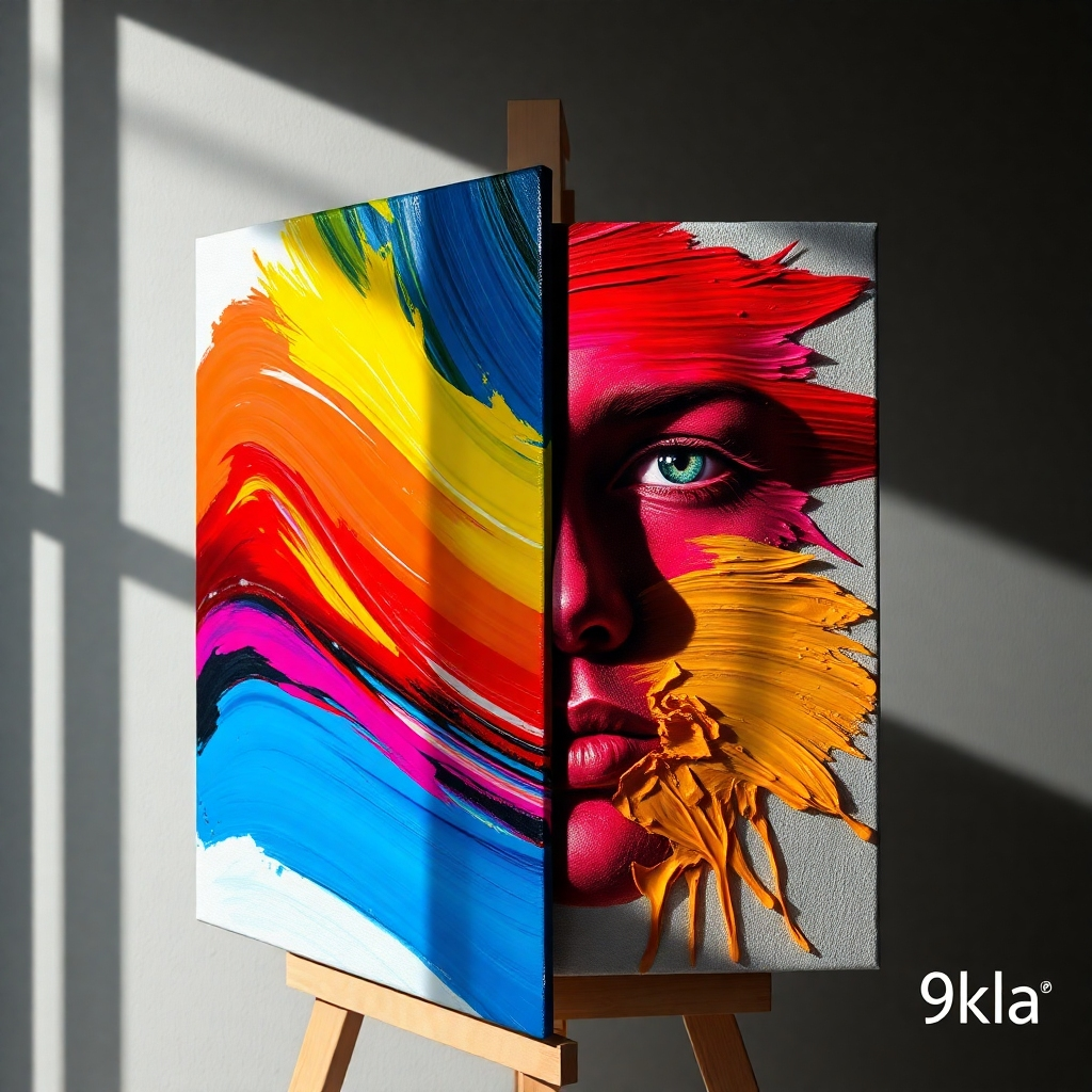 A hyperrealistic, ultra-detailed 8K image showcasing the durability and versatility of acrylic paint.  The composition should feature a split screen: one side depicting a vibrant, freshly painted acrylic artwork on a canvas, showcasing rich colors and smooth texture. The other side shows the same artwork after simulated wear and tear, demonstrating its long-lasting quality.  Dramatic side lighting creates strong shadows and highlights, emphasizing the texture and depth of the paint. The color palette should be bold and dynamic, reflecting the artwork's energy. The camera angle should be a slightly angled close-up, showcasing the details of the paint strokes and the artwork's resilience.  The background should be muted and neutral, emphasizing the acrylic artwork's vibrancy.  Material details should be hyperrealistic; capture the glossy finish of the paint and the texture of the canvas. Style references: The work of contemporary hyperrealist painters. Include a small, tasteful 9kla logo subtly incorporated in the corner. The image should be hyperrealistic, ultra-detailed, and evoke a sense of durability and longevity.