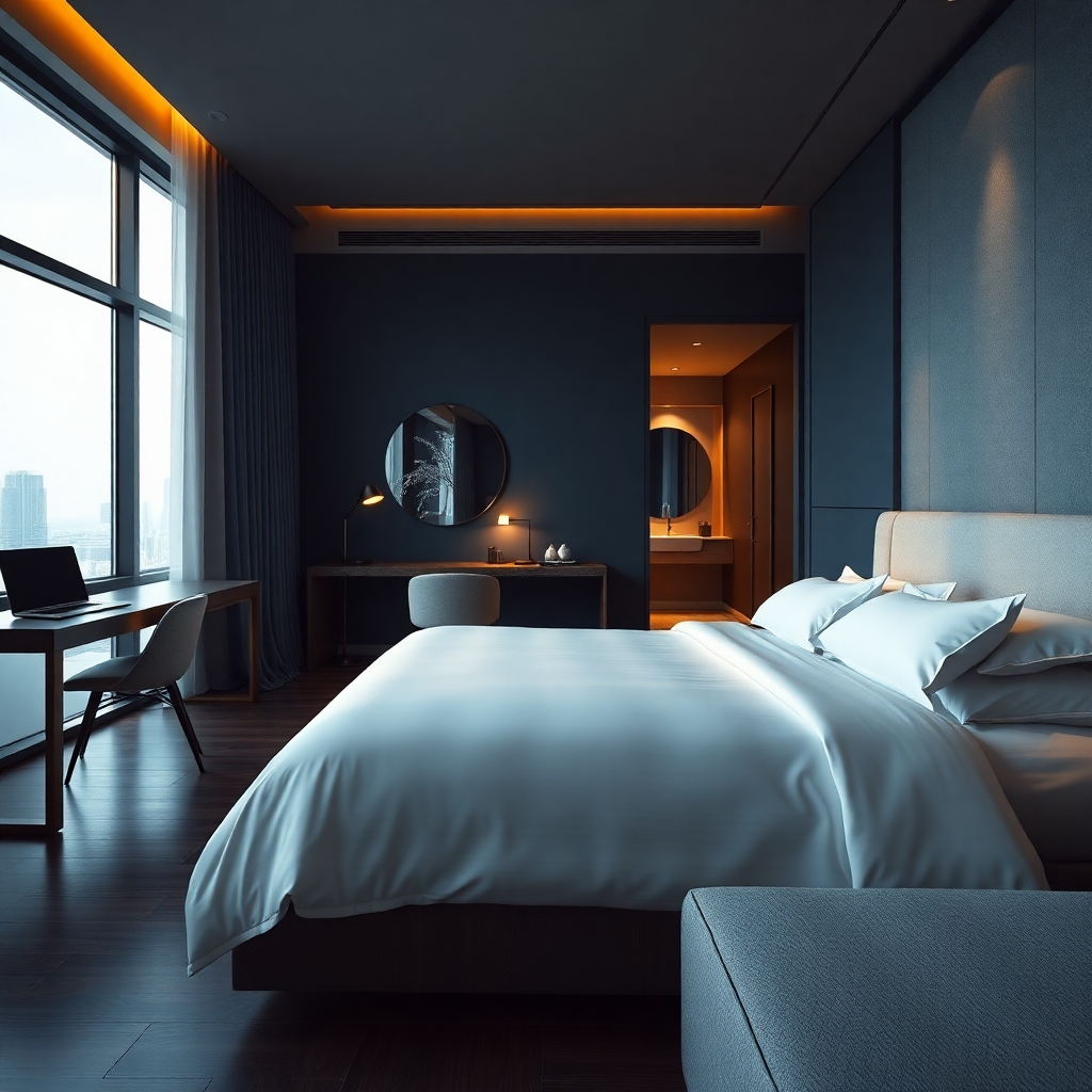 A hyperrealistic, ultra-detailed image, 8K resolution, showcasing a beautifully appointed hotel-style room. The lighting is dramatic, coming from a large window illuminating one side of the room, creating a high-contrast scene. The color palette is sophisticated and modern, with deep blues, warm grays and touches of gold. The composition features a king-size bed with crisp white linen, a modern minimalist desk area, and a stylish bathroom subtly visible in the background.  Textured details are crucial; focus on the soft textures of the bed linens, the smooth surfaces of the furniture, and the rich tones of the hardwood floor. The camera angle is at eye level, offering a comprehensive view of the room. The style should emulate high-end hotel photography. The background includes hints of a city skyline visible through the window. The overall mood is chic, luxurious, and inviting, in the style of renowned photographer, Michael Kenna, known for his dramatic lighting and detailed compositions.  The room should feature smart home technology subtly integrated into the design, such as a smart thermostat and lighting controls. 