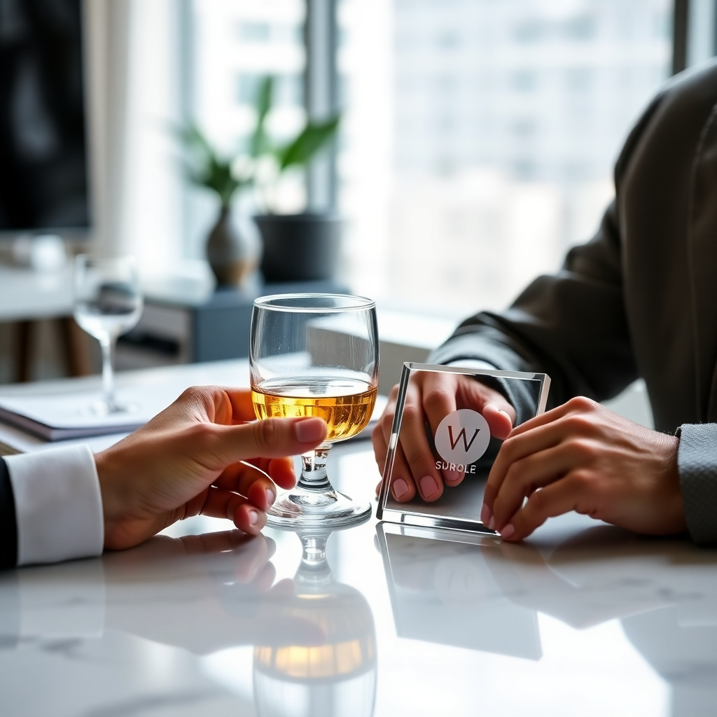 A lifestyle shot depicting a person using the acrylic coasters in a sophisticated setting, like a modern office or home. The coasters should have a subtle but noticeable brand logo incorporated into the design. The image should evoke feelings of luxury, sophistication, and appreciation, showcasing how the coasters can be used in everyday life while also serving as a brand ambassador.
