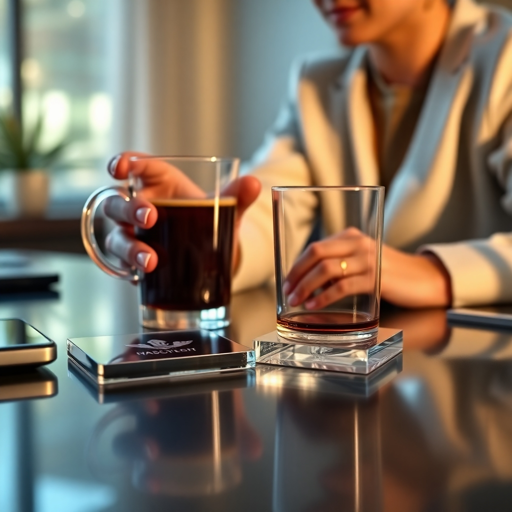 A lifestyle shot of a person enjoying a cup of coffee on a stylish desk.  The focus is on a set of acrylic coasters with a subtle, sophisticated laser-etched logo. The image should convey a sense of luxury and sophistication, demonstrating the added value of the laser-etched coasters. The background should be aesthetically pleasing and relevant to the target market.  The lighting should be natural and soft.