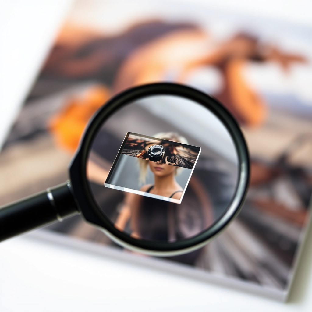 A magnifying glass hovering over a section of a printed acrylic sheet, revealing the sharp details of the image. Focus is on the printed area, with a soft, blurry background. Style: Product photography with a focus on technical detail.