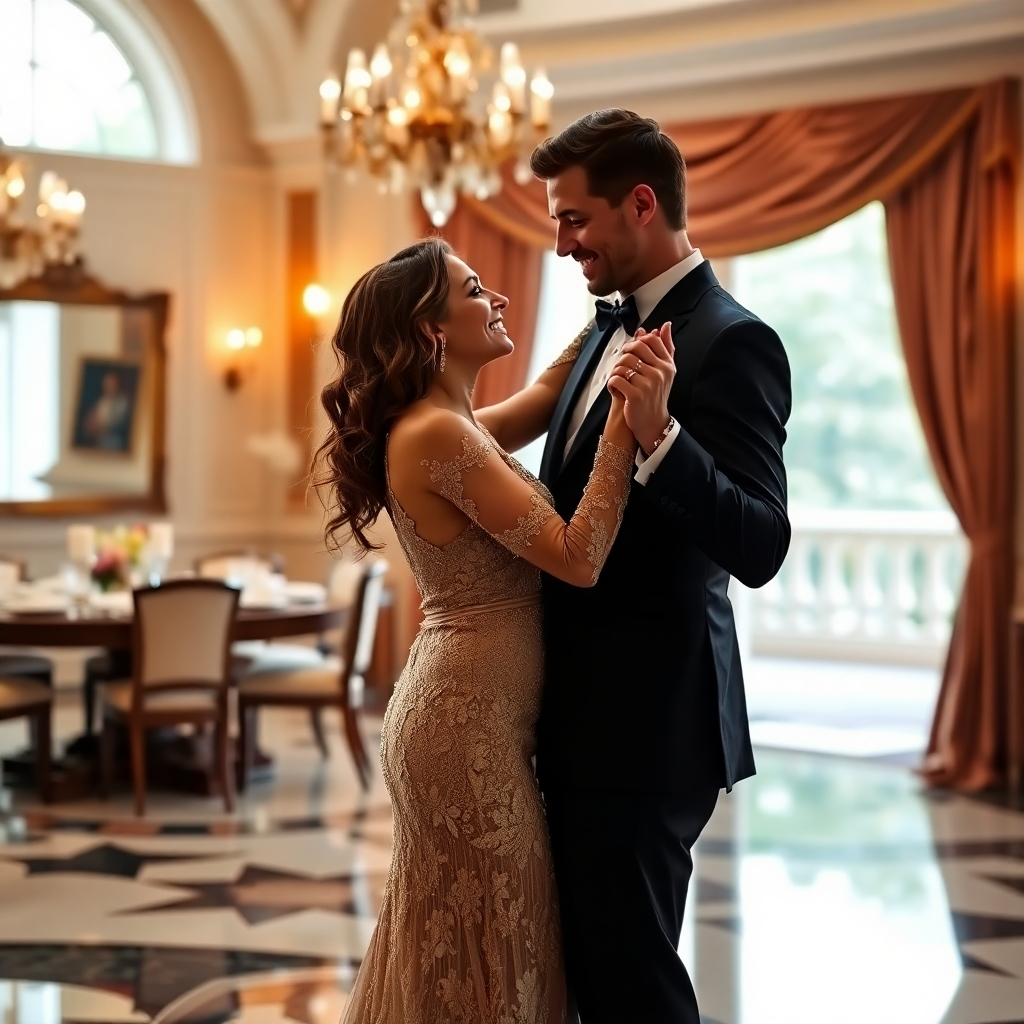 A photorealistic image depicting a happy couple embracing intimately in a romantic setting. They are both smiling serenely, their eyes locked on each other. The setting is a luxurious hotel room, with soft lighting and romantic decorations.